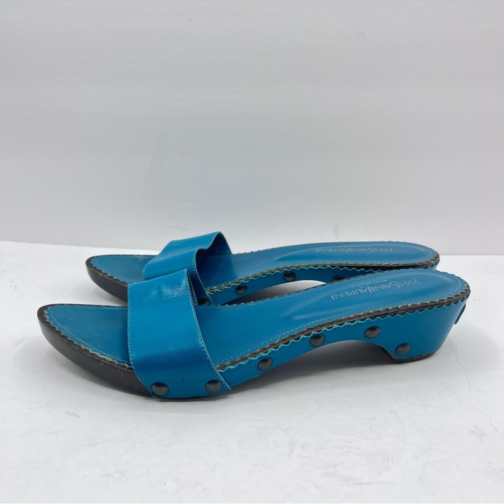 YSL Vintage Women’s 41 Yves Saint Laurent Blue/Green Leather Slide Sandals Italy - Picture 5 of 14